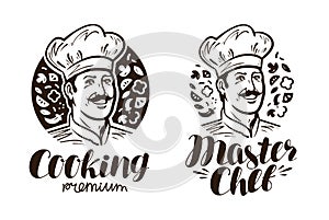 Portrait of happy chef logo or label. Cooking, cuisine icon. Vintage vector illustration