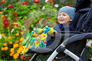 Portrait of a happy child in a baby carriage outdoors