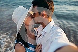 Portrait of happy couple honeymoon tropical vacation at the sea