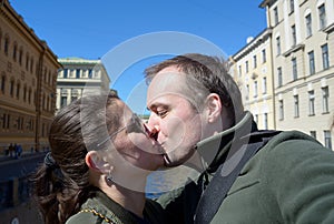 Portrait of happy couple on streets of St. Petersburg