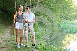 Portrait happy couple trekking