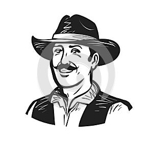 Portrait of happy cowboy or farmer. Grower, winemaker, winegrower, brewer logo or icon. Sketch vector illustration photo