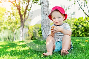 Portrait of happy Cute adorable toddler boy sitting on green grass and eating ripe juicy organic apple in fruit garden under trees