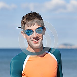 Portrait of happy cute boy wearing snorkeling mask