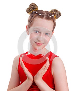 Portrait of a happy cute kid girl in a red dress