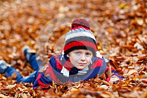 Portrait of happy cute little kid boy with autumn leaves background in colorful clothing. Funny child having fun in fall