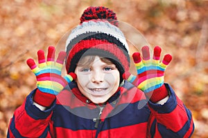 Portrait of happy cute little kid boy with autumn leaves background in colorful clothing. Funny child having fun in fall