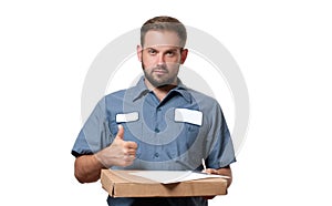 Portrait of happy delivery man with cardboard box