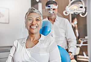 Portrait, happy and dental with a woman patient in a doctor office for oral hygiene or health. Smile, teeth and