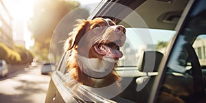 Portrait of happy dog looking out of car window