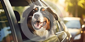 Portrait of happy dog looking out of car window