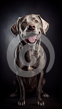 A portrait of a happy dog sitting on a black surface with a golden backdrop