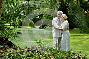 Portrait of a happy elderly couple hugging