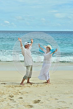 Portrait of happy elderly couple resting on tropical beach