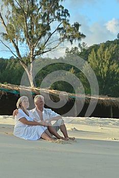 Portrait of happy elderly couple sitting on tropical beach