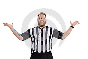 Portrait of happy, excited soccer or football referee wearing field judge uniform isolated on white studio background