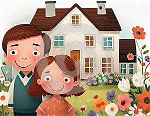 Portrait of happy family couple in front of their new house in the garden - watercolor illustration. Generative AI