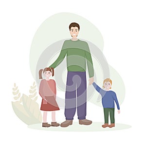 Portrait of a happy family. Father with two children, son and daughter. Celebrating Father`s Day. People smile. Notion of love,