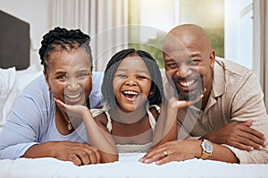 Portrait of happy family home, girl and grandparents on bed for fun morning, relax lifestyle. Smile senior man, black