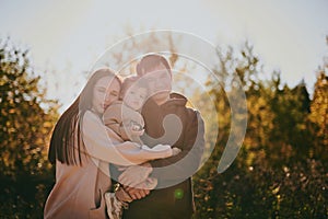 Portrait happy family mom dad and son having fun and enjoying spending time together