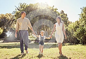 Portrait of happy family, park and walk holding hands bonding together on summer vacation outdoors. Fun mother, relax