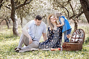 Portrait of happy family on picnic. pregnant Mom, dad and daughter sitting in spring blooming park. Young family spending time