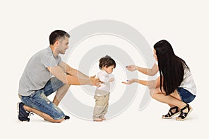 Portrait of a happy family that teaches a child to walk