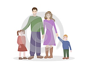 Portrait of a happy family on a walk by parents and children. Mom and Dad are walking with their son and daughter. People smile. T