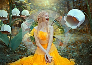 Portrait of happy fantasy woman blonde forest fairy. Fashion model in a bright yellow dress with butterfly wings sits