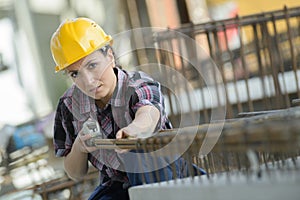 Portrait happy female construction worker