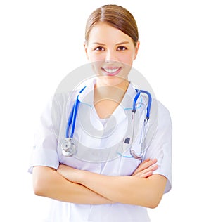 Portrait of a happy female doctor isolated on white