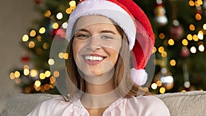 Portrait of happy festive Caucasian woman with beautiful smile.