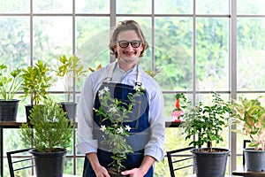 Portrait of happy gardener senior man wearing glasses holding small tree in plant pot as a hobby of home gardening at home