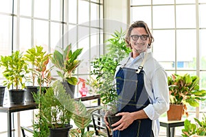 Portrait of happy gardener senior man wearing glasses holding small tree in plant pot as a hobby of home gardening at home