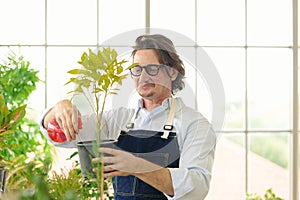 Portrait of happy gardener senior man wearing glasses taking care of small tree in plant pot as a hobby of home gardening at home