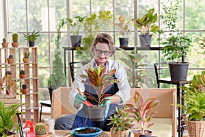 Portrait of happy gardener senior man wearing glasses taking care of small tree in plant pot as a hobby of home gardening at home