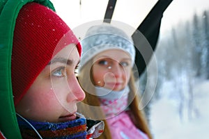 Portrait of happy girls at a ski resort