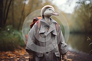 portrait of happy goose wearing travel clothes created with Generative AI technology