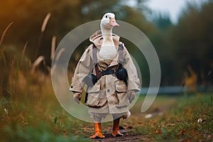 portrait of happy goose wearing travel clothes created with Generative AI technology