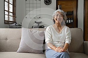 Portrait happy healthy elderly woman sitting on comfortable couch at home.
