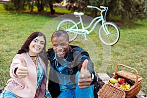 Portrait of happy interracial couple showing thumbs up while sitting on a grass in the