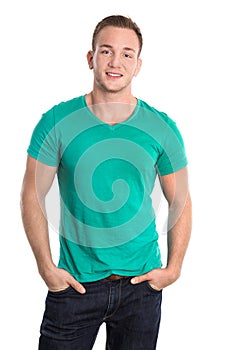 Portrait: Happy isolated young man wearing green shirt and jeans