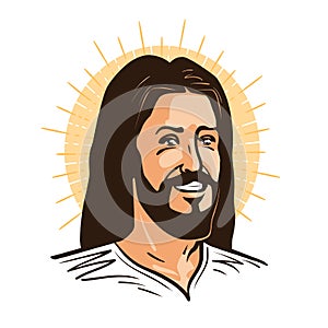 Portrait of happy Jesus Christ. Messiah, God symbol Christianity. Cartoon vector illustration photo