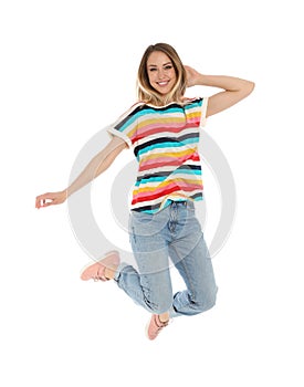 Portrait of happy jumping woman on white