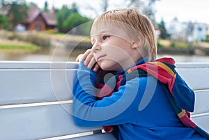 Portrait of a happy little boy on a bench