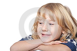 Portrait of happy little boy on white background