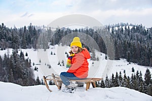 Portrait of happy little kid wearing knitted hat, scarf and sweater. Kid boy enjoying a sleigh ride. Child sledding