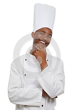 Portrait, happy man and chef thinking in studio isolated on a white background. Face, cooking professional and smile of