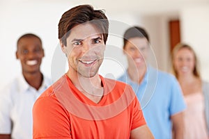 Portrait, happy man and employee in office with designer for working, business and agency in America. Male worker