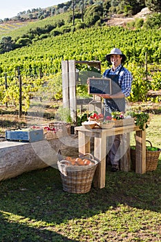 Portrait of happy man standing with slate at vegetable stall